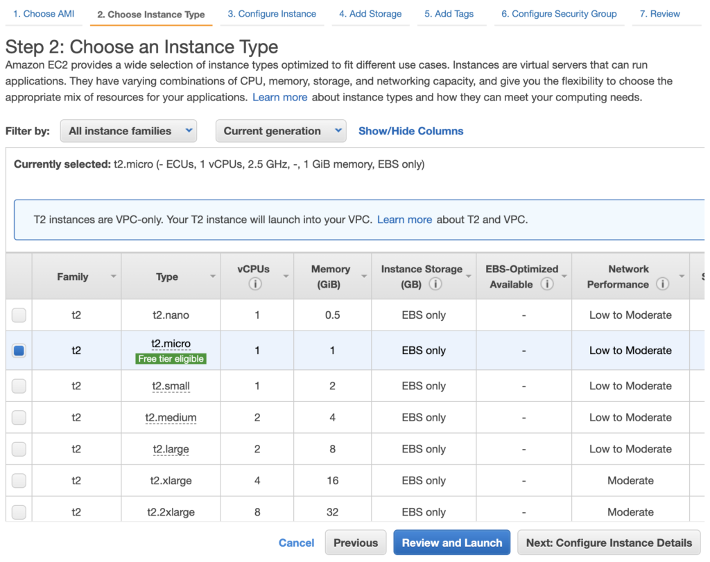Launch instance - choose instance type