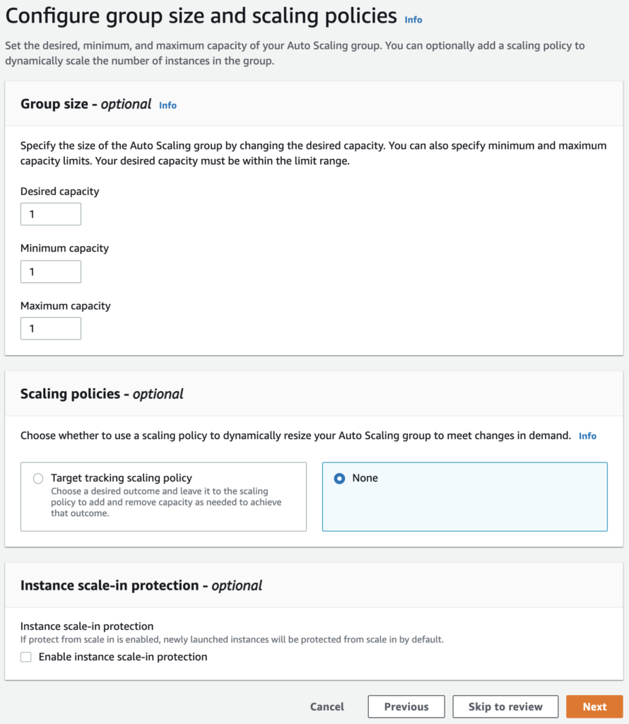 Create Auto Scaling group - configure group size and scaling policies